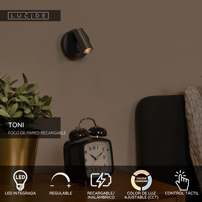 Lucide TONI - Foco de pared / Lámpara de pared Recargable - Batería/acumulador - Ø 8,1 cm - LED Regul. - CCT - 1x2W 2700K/4000K - Sensor movimiento (desactivable) - Magnético - Café